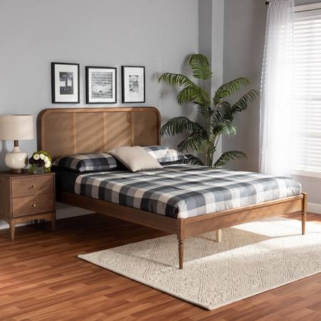 BAXTON STUDIO Elston Mid-Century Walnut Brown Finished Wood and Synthetic Rattan Platform Bed-Queen 193-11486-ZORO